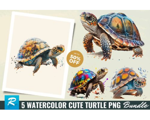Watercolor Cute Turtle Sublimation Clipart Bundle