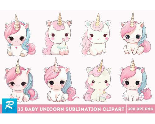 Cute Baby Unicorn Sublimation Clipart Bundle