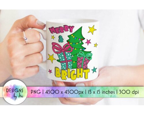 Merry and Bright Christmas Sublimation Tree and Gifts