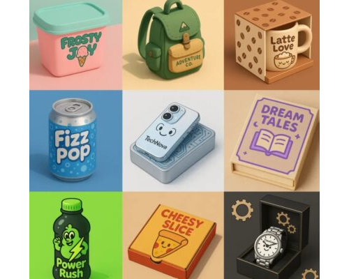 Prompt 3D Cartoon Product Packaging Mockups
